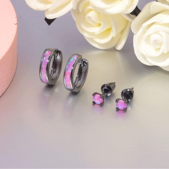 14K Black Gold with Genuine Purple Fire Opal Huggie and Stud Earrings Set of 2 - Picture 2 of 4